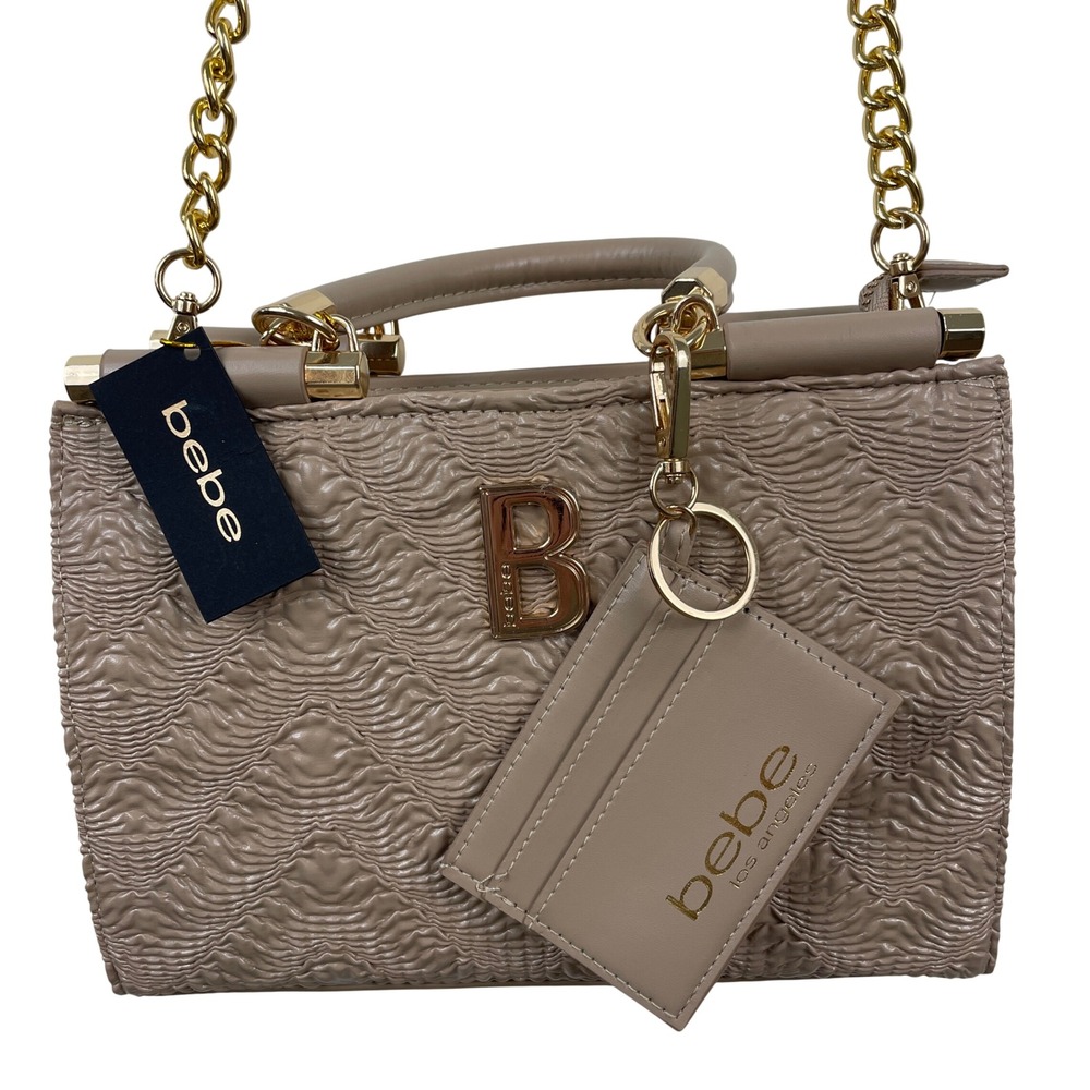 Bebe‎ Taupe Beige Ruched Textured Satchel Handbag Crossbody Gold Tone Logo NEW
